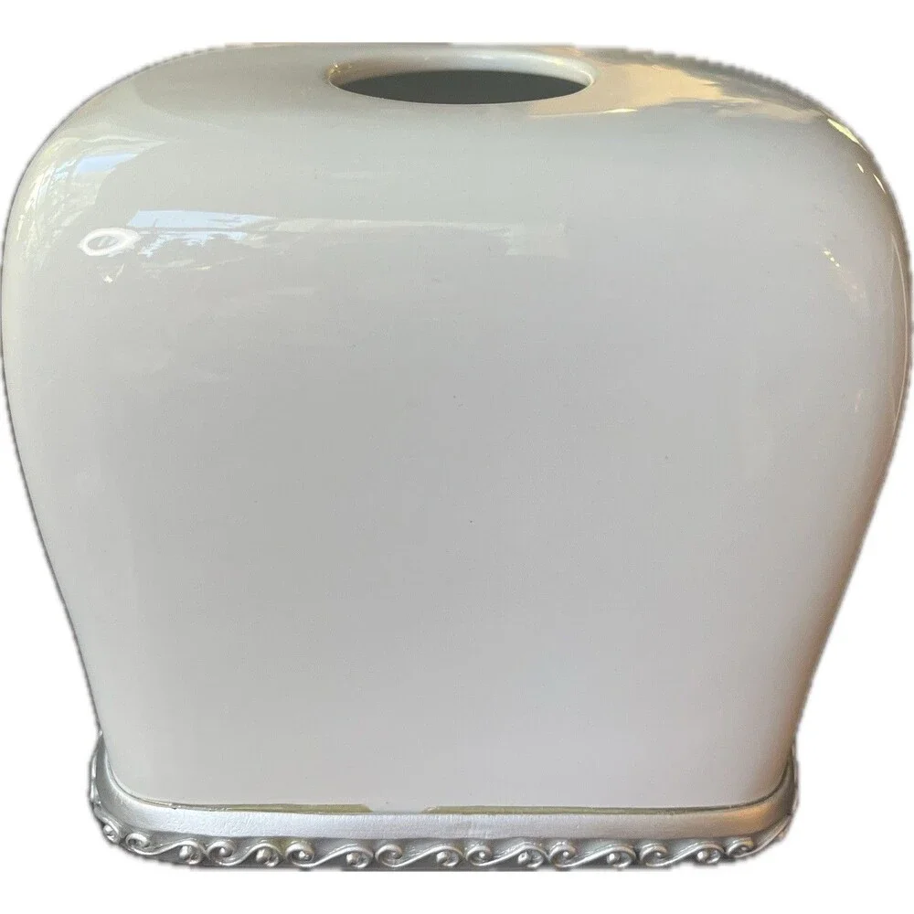 Ceramic Square Tissue Box Cover Holder White with Silver Embellishments Elegant